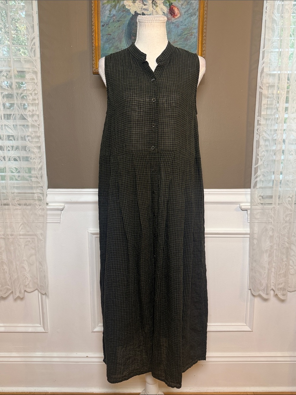 Eileen Fisher XS Puckered Organic Linen Pleated Check Midi Dress